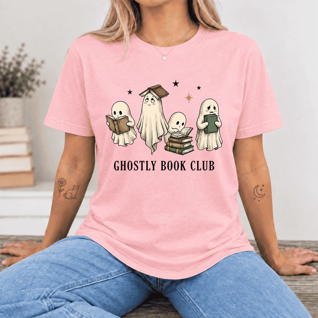 Ghostly Book Club Ultra-Soft Cotton T-Shirt | Spooky Book Lover Gift Pink