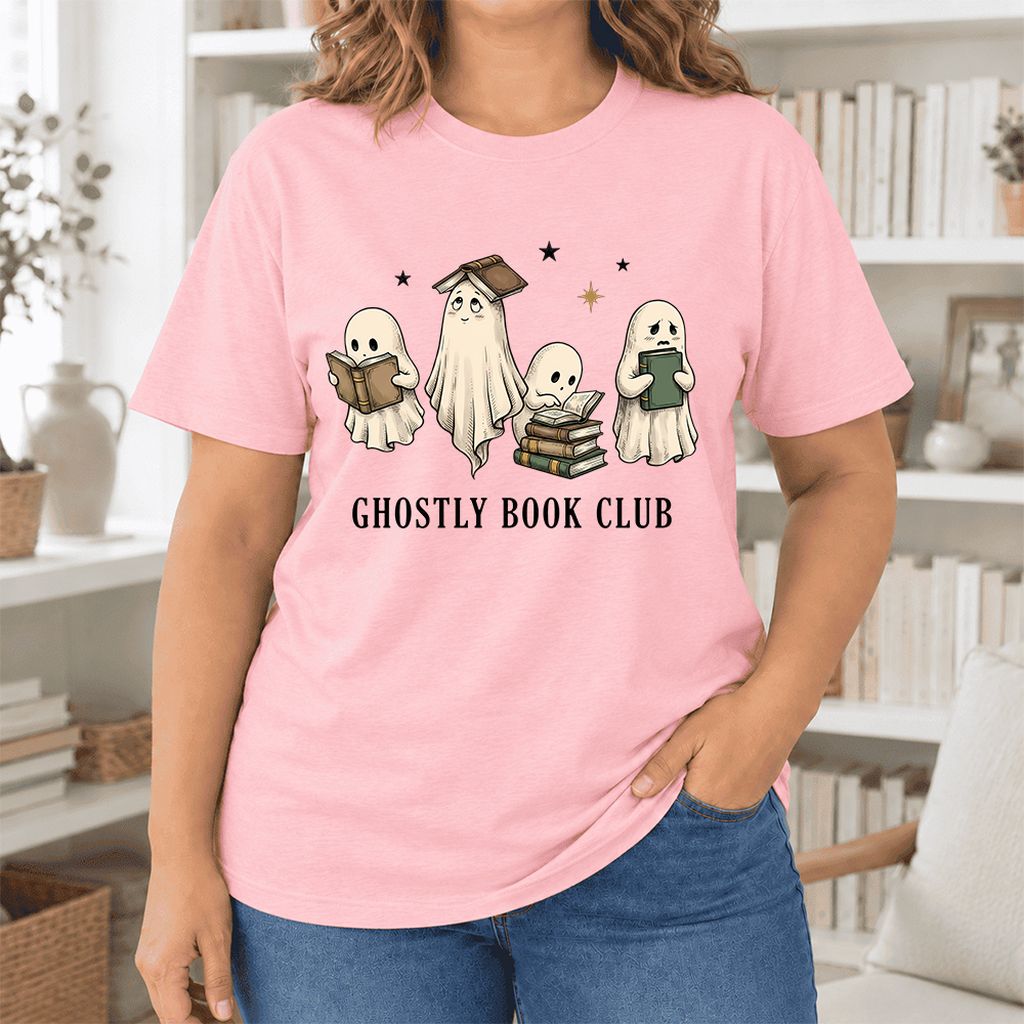 Ghostly Book Club Ultra-Soft Cotton T-Shirt | Spooky Book Lover Gift Pink