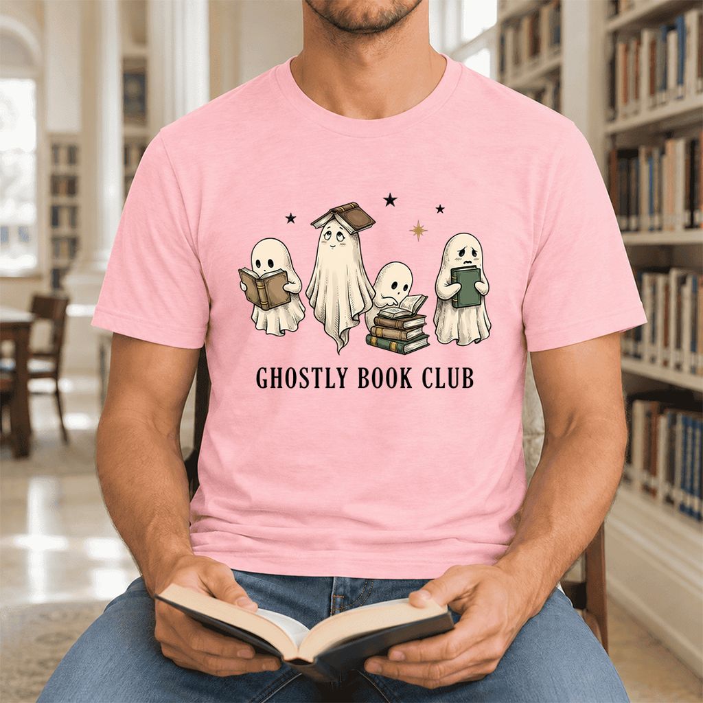 Ghostly Book Club Ultra-Soft Cotton T-Shirt | Spooky Book Lover Gift Pink
