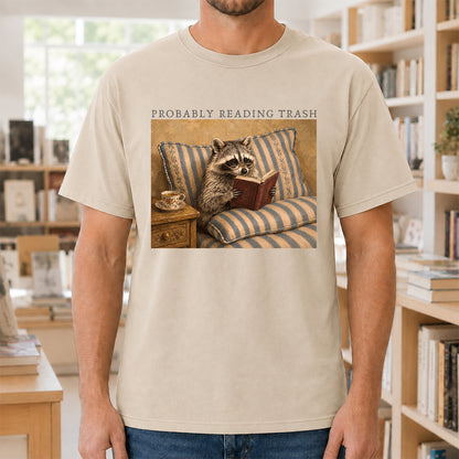 Probably Reading Trash Racoon Softstyle T-Shirt | Book Lover Gift Sand