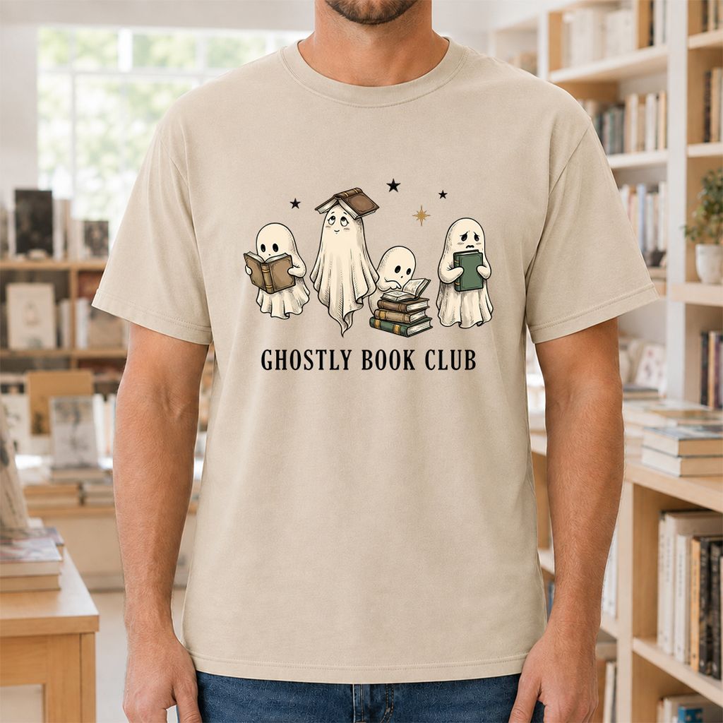 Ghostly Book Club Printed T-Shirt | Spooky Book Lover Gift Sand