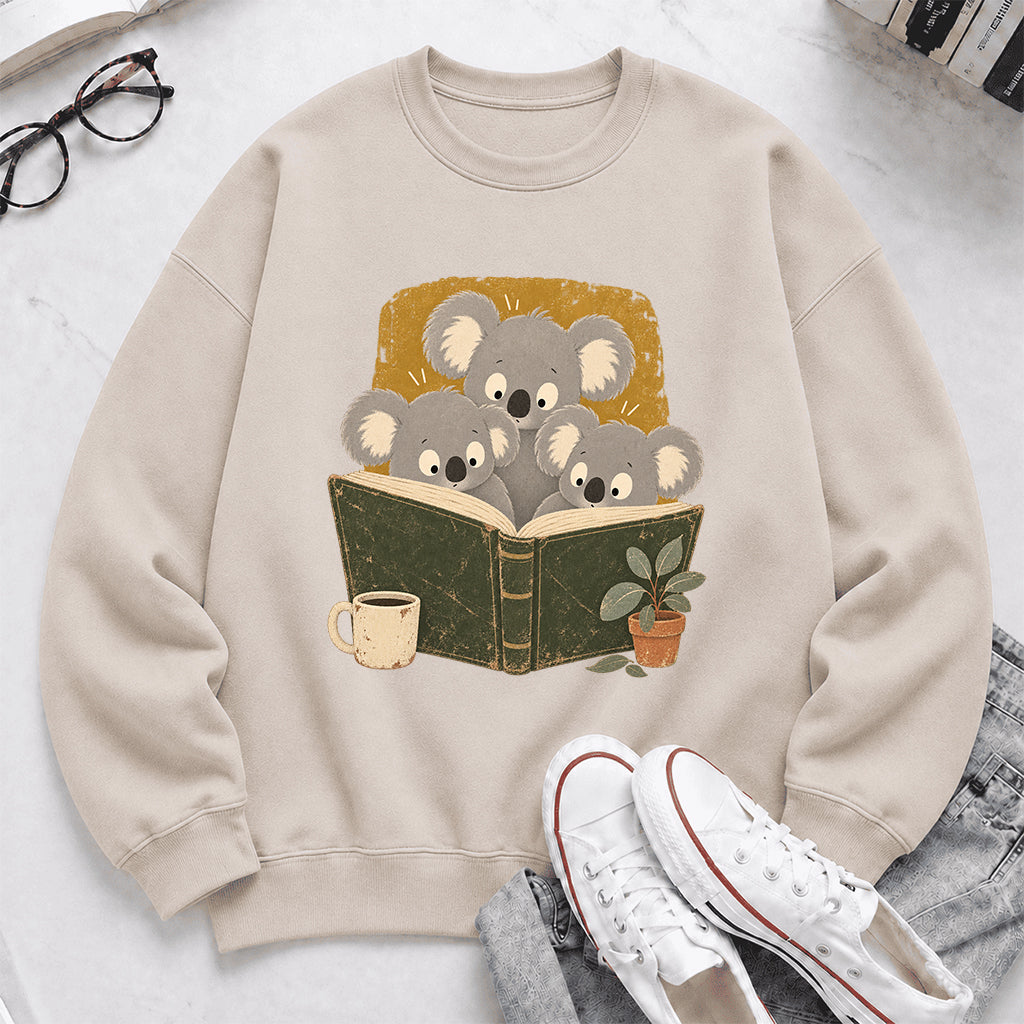 Minimal Japanese Koalas Reading Crewneck Sweatshirt | Reader Gift Sand