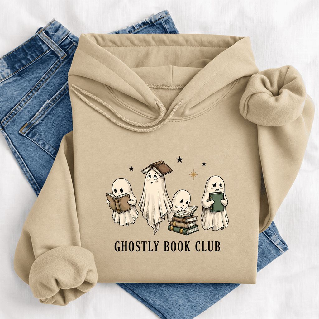 Ghostly Book Club Softstyle Hoodie | Spooky Book Lover Gift Sand