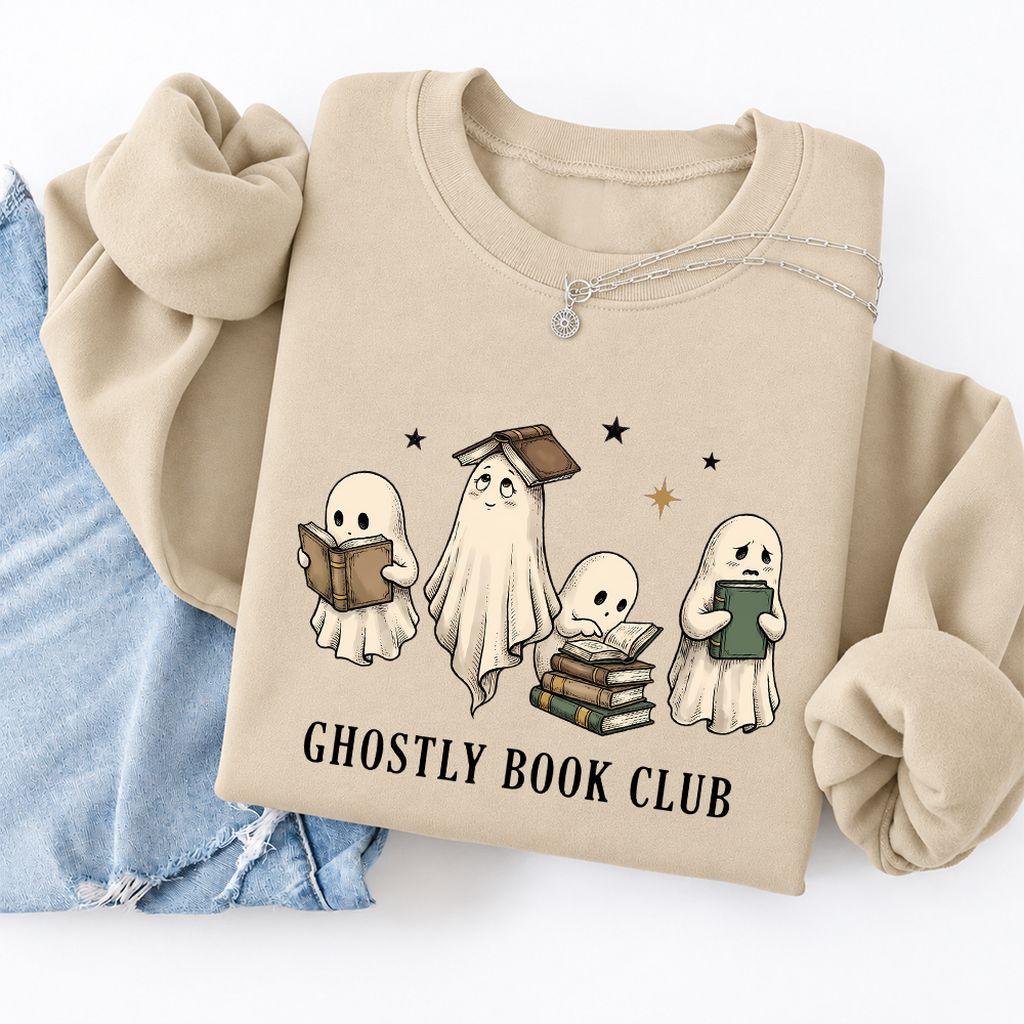 Ghostly Book Club Softstyle Sweatshirt | Spooky Book Lover Gift Sand