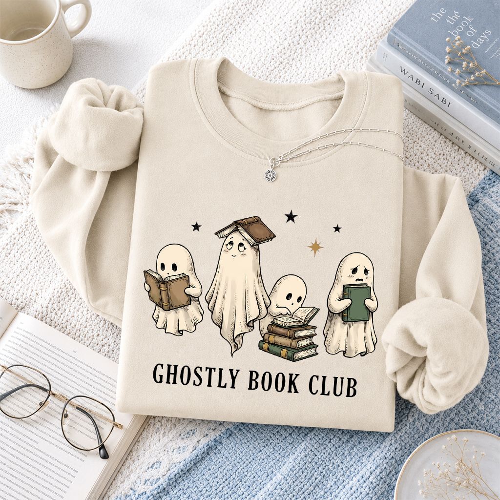 Ghostly Book Club Printed Sweatshirt | Spooky Book Lover Gift Sand