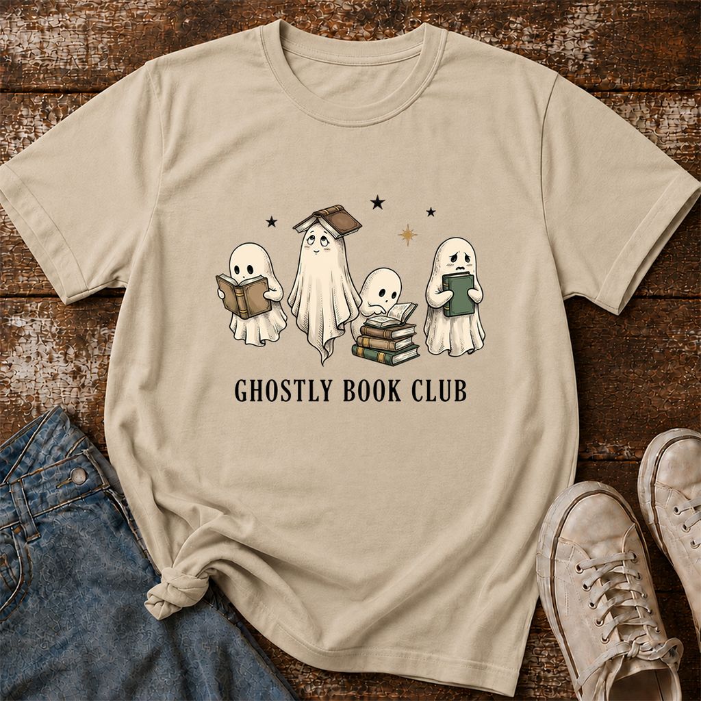 Ghostly Book Club Printed T-Shirt | Spooky Book Lover Gift Sand