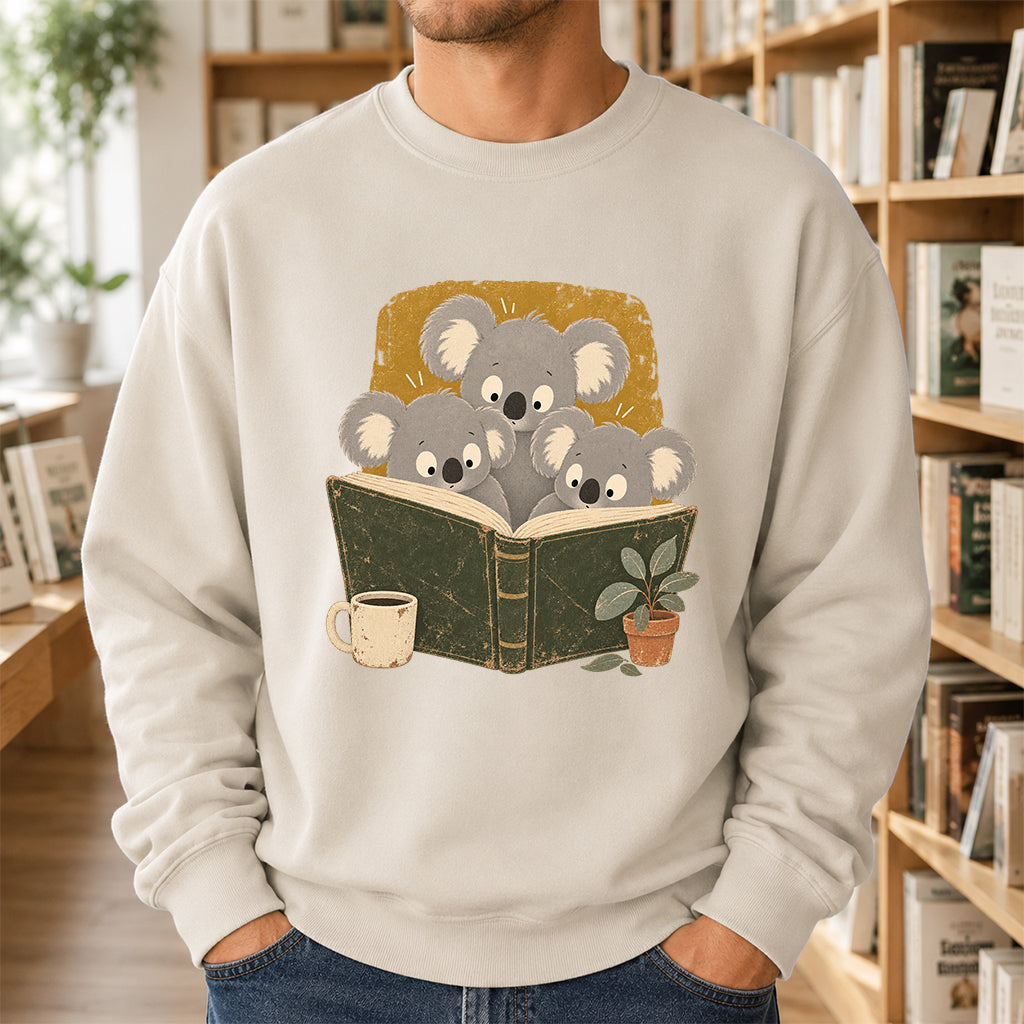 Minimal Japanese Koalas Reading Crewneck Sweatshirt | Reader Gift Sand