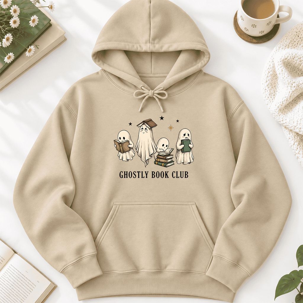 Ghostly Book Club Softstyle Hoodie | Spooky Book Lover Gift Sand