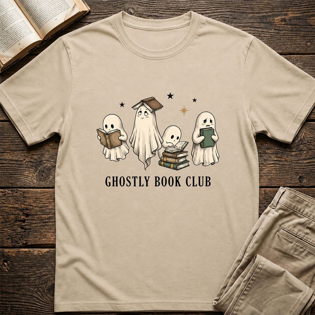 Ghostly Book Club Printed T-Shirt | Spooky Book Lover Gift Sand
