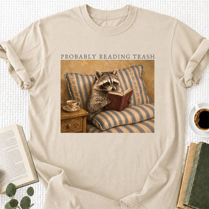 Probably Reading Trash Racoon Softstyle T-Shirt | Book Lover Gift Sand