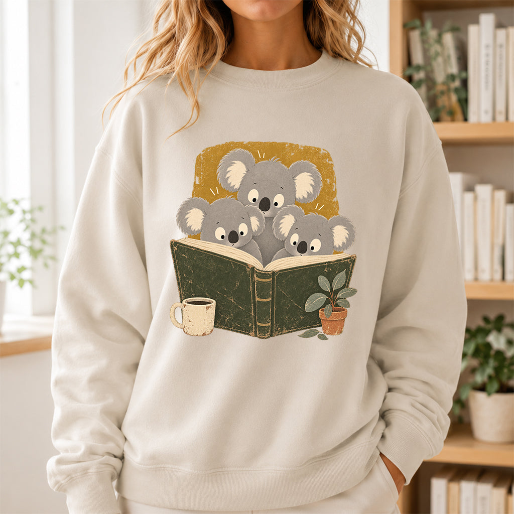 Minimal Japanese Koalas Reading Crewneck Sweatshirt | Reader Gift Sand