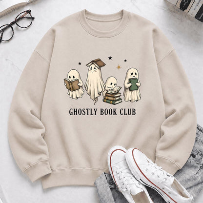 Ghostly Book Club Printed Sweatshirt | Spooky Book Lover Gift Sand