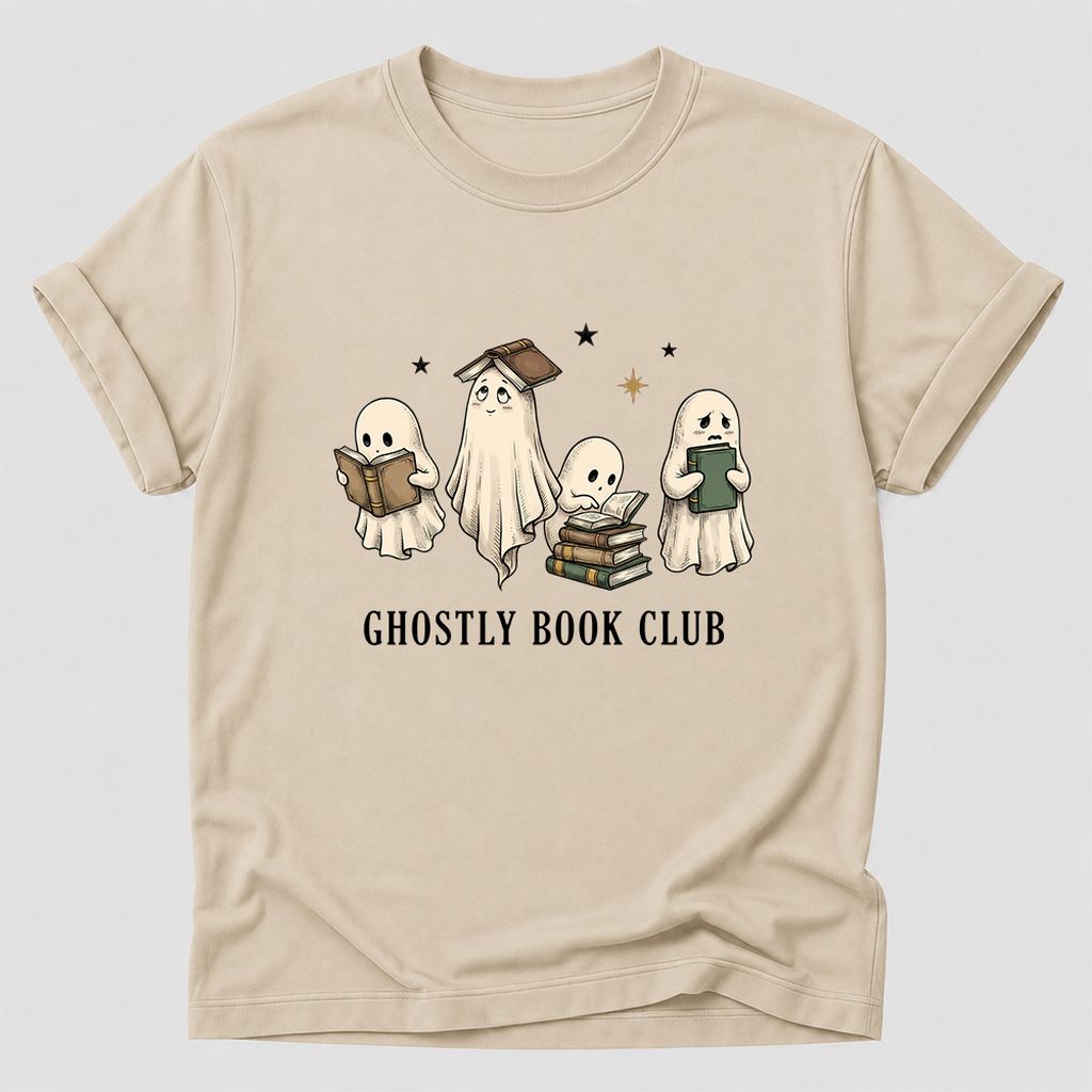 Ghostly Book Club Printed T-Shirt | Spooky Book Lover Gift Sand