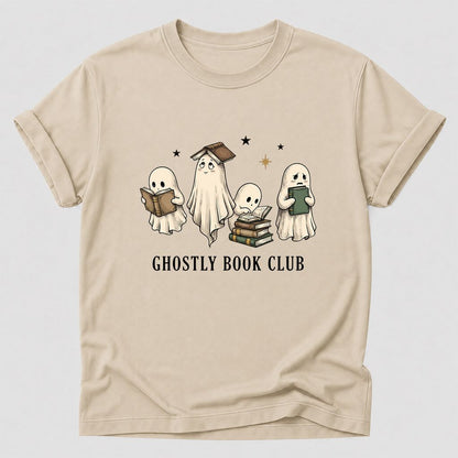 Ghostly Book Club Printed T-Shirt | Spooky Book Lover Gift Sand