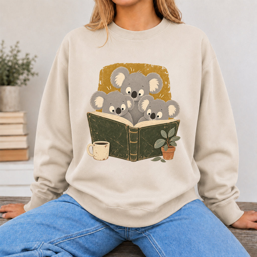 Minimal Japanese Koalas Reading Crewneck Sweatshirt | Reader Gift Sand