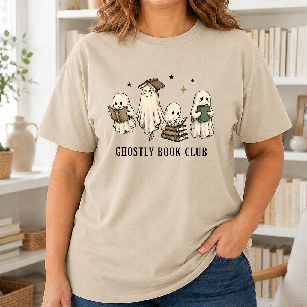 Ghostly Book Club Printed T-Shirt | Spooky Book Lover Gift Sand