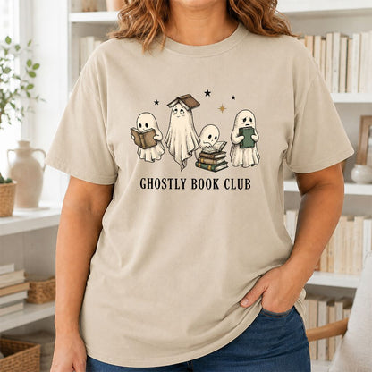 Ghostly Book Club Printed T-Shirt | Spooky Book Lover Gift Sand