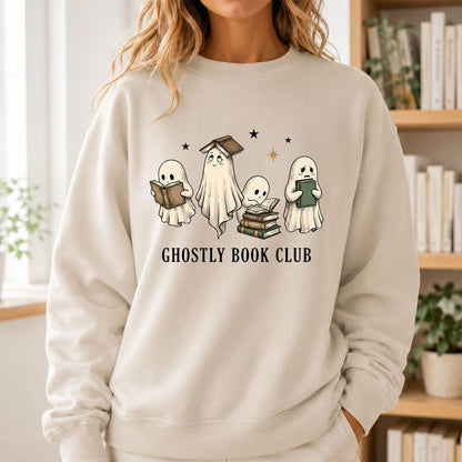 Ghostly Book Club Printed Sweatshirt | Spooky Book Lover Gift Sand