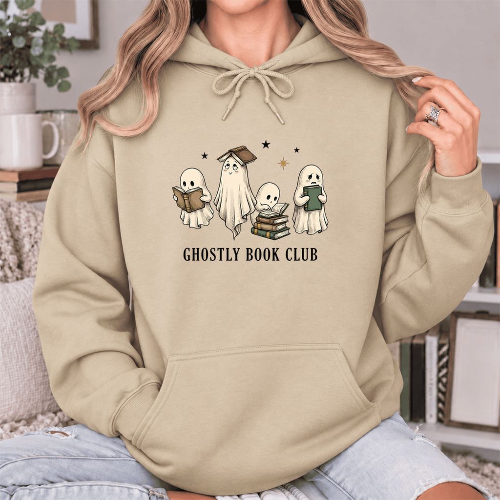 Ghostly Book Club Softstyle Hoodie | Spooky Book Lover Gift Sand