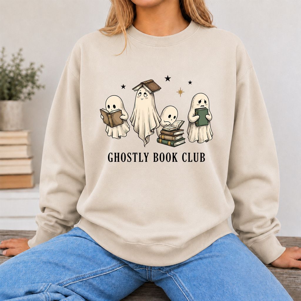 Ghostly Book Club Printed Sweatshirt | Spooky Book Lover Gift Sand