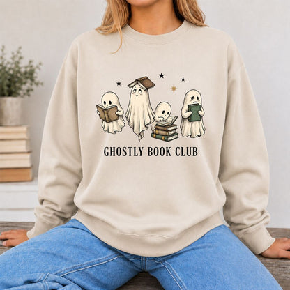 Ghostly Book Club Printed Sweatshirt | Spooky Book Lover Gift Sand