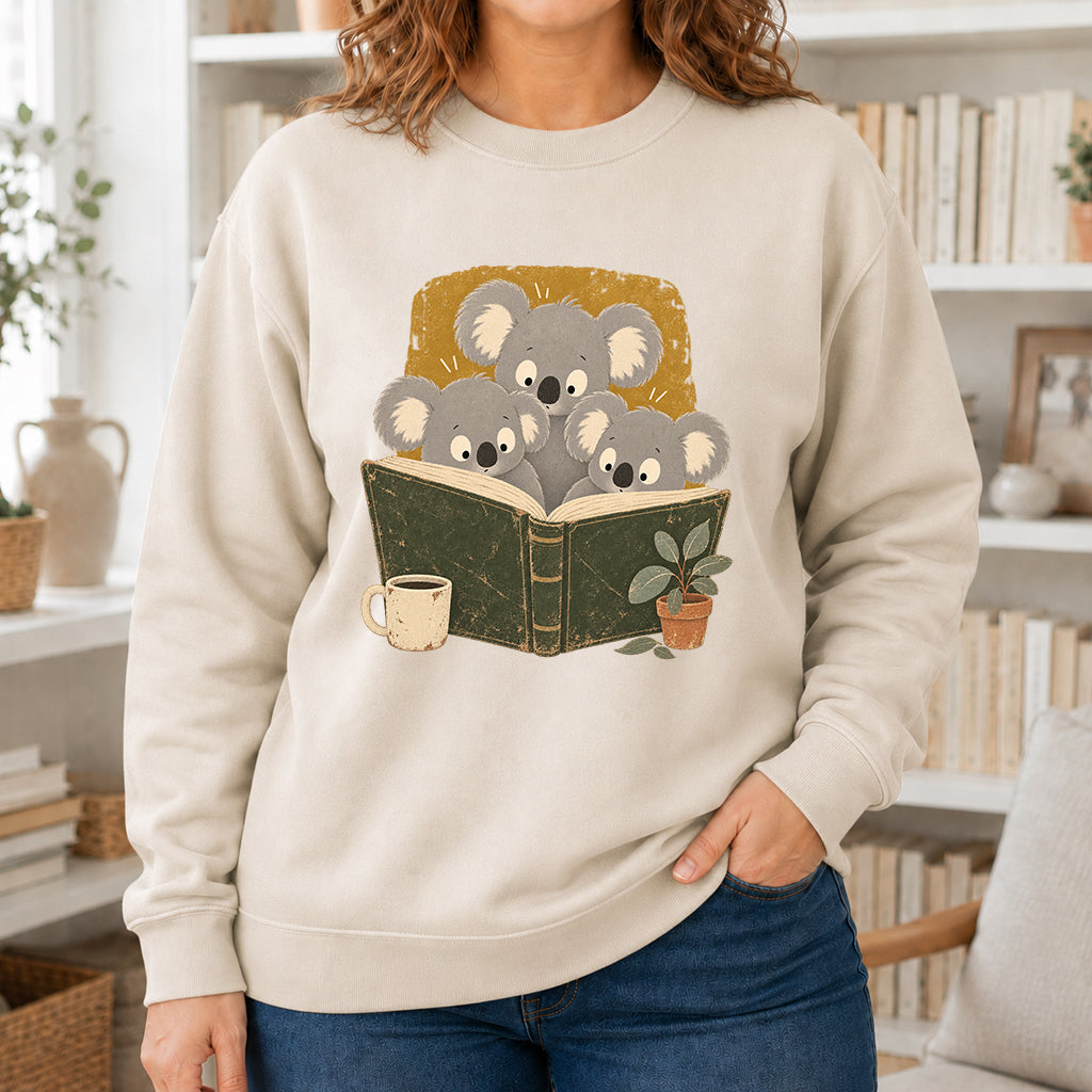 Minimal Japanese Koalas Reading Crewneck Sweatshirt | Reader Gift Sand