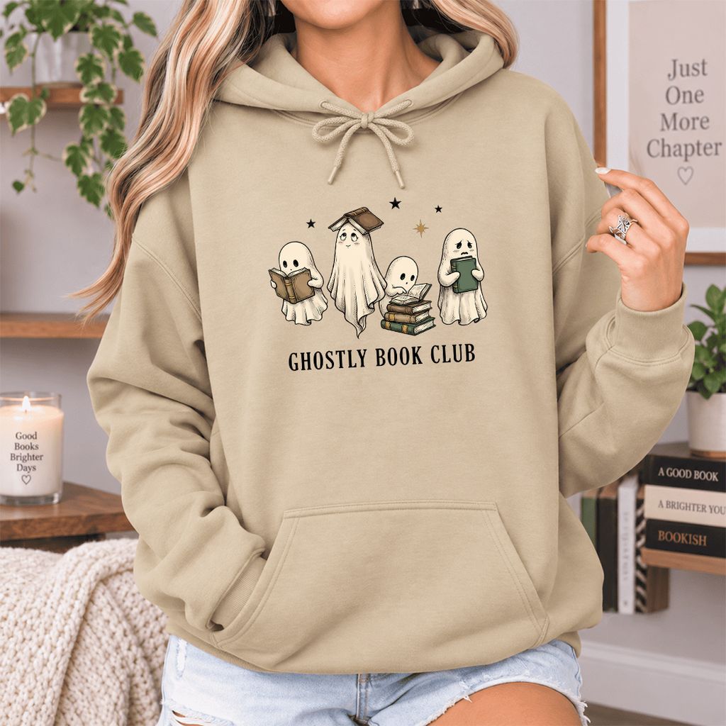 Ghostly Book Club Softstyle Hoodie | Spooky Book Lover Gift Sand