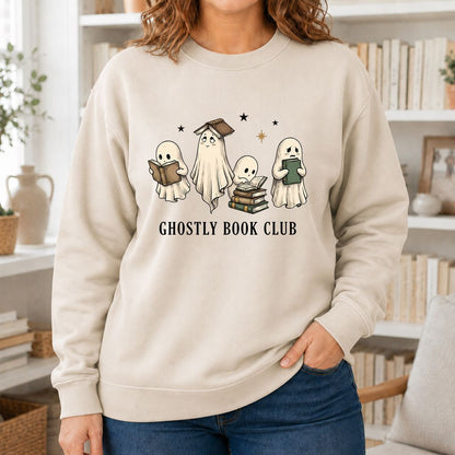 Ghostly Book Club Printed Sweatshirt | Spooky Book Lover Gift Sand