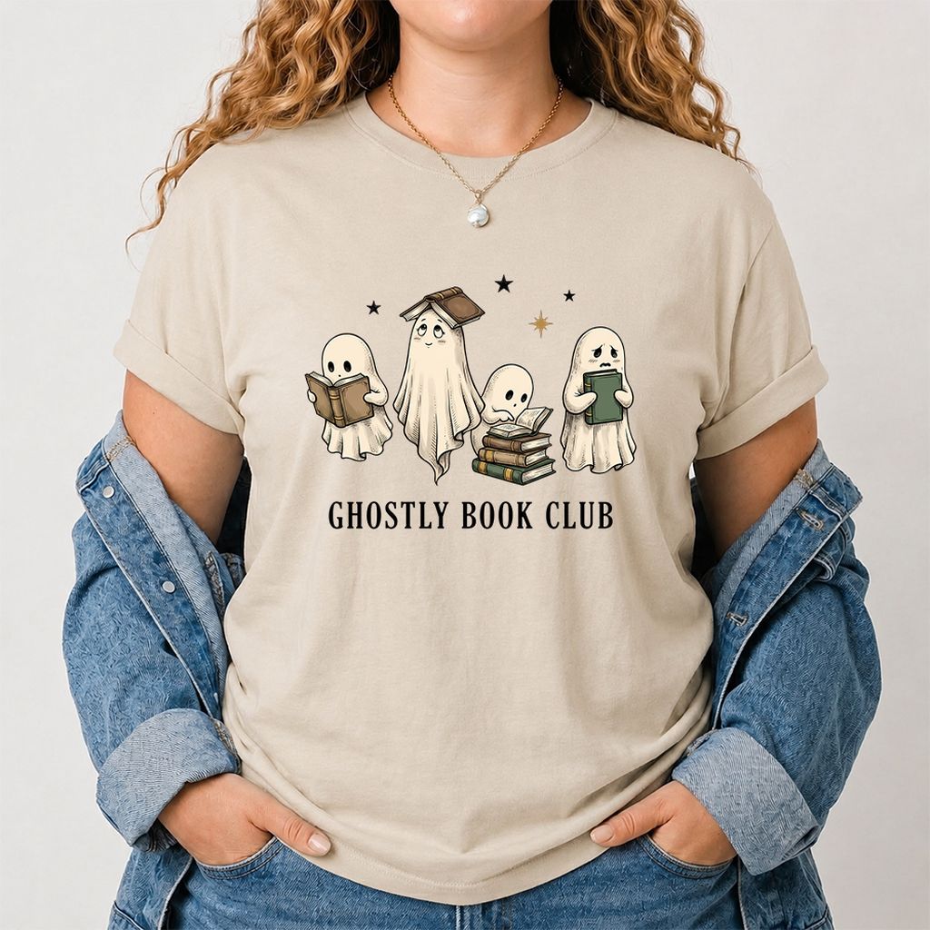 Ghostly Book Club Printed T-Shirt | Spooky Book Lover Gift Sand