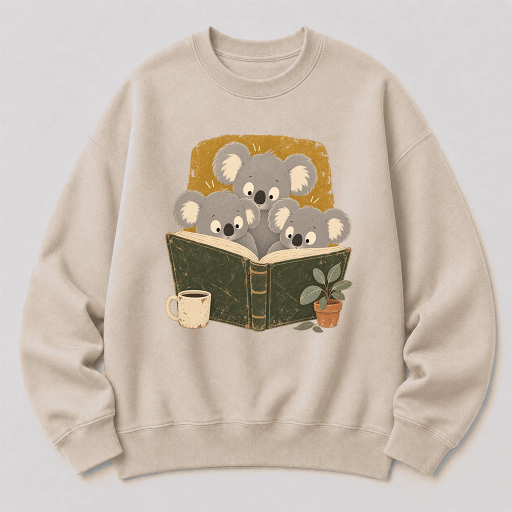Minimal Japanese Koalas Reading Crewneck Sweatshirt | Reader Gift Sand