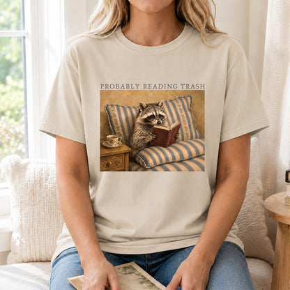 Probably Reading Trash Racoon Softstyle T-Shirt | Book Lover Gift Sand