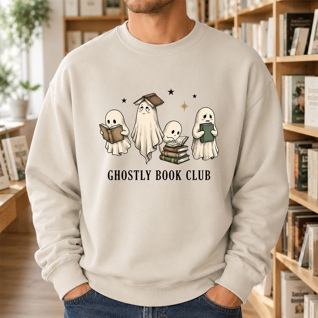 Ghostly Book Club Printed Sweatshirt | Spooky Book Lover Gift Sand