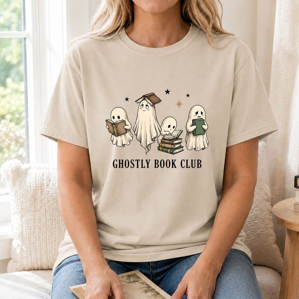 Ghostly Book Club Printed T-Shirt | Spooky Book Lover Gift Sand