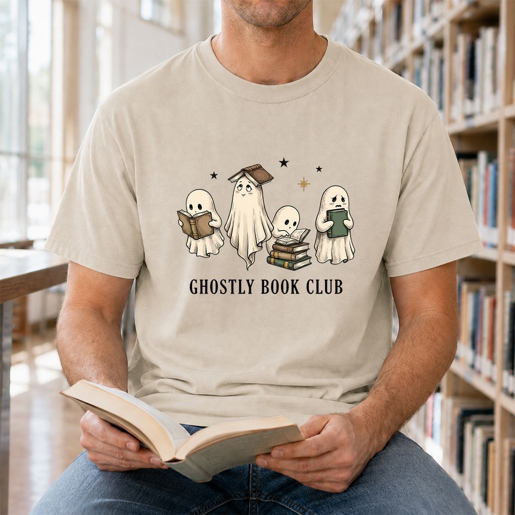Ghostly Book Club Printed T-Shirt | Spooky Book Lover Gift Sand