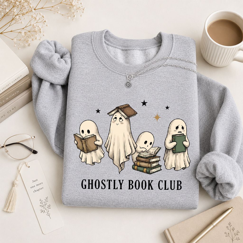 Ghostly Book Club Printed Sweatshirt | Spooky Book Lover Gift Sport Grey