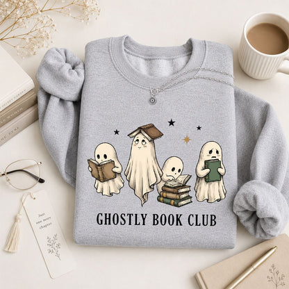 Ghostly Book Club Printed Sweatshirt | Spooky Book Lover Gift Sport Grey