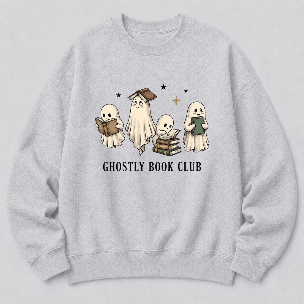 Ghostly Book Club Printed Sweatshirt | Spooky Book Lover Gift Sport Grey
