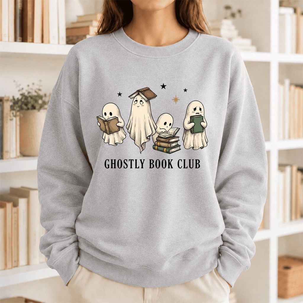 Ghostly Book Club Printed Sweatshirt | Spooky Book Lover Gift Sport Grey