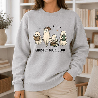 Ghostly Book Club Printed Sweatshirt | Spooky Book Lover Gift Sport Grey