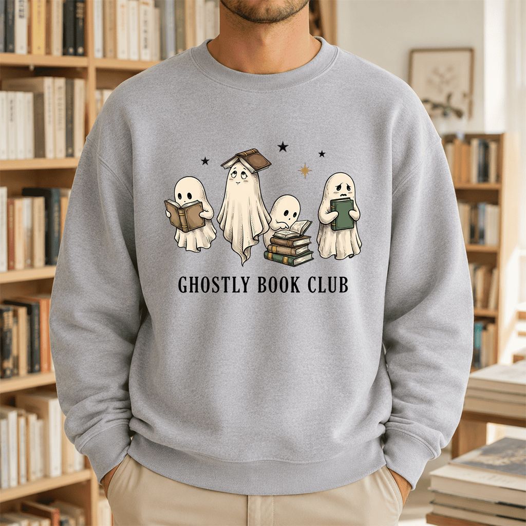 Ghostly Book Club Printed Sweatshirt | Spooky Book Lover Gift Sport Grey
