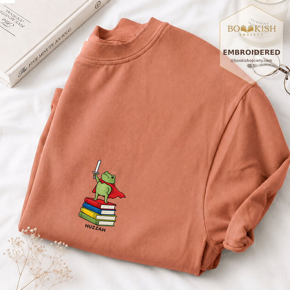 Embroidered Huzzah Cute Frog Comfort Color ® T-shirt Book Lover Gift Terracotta