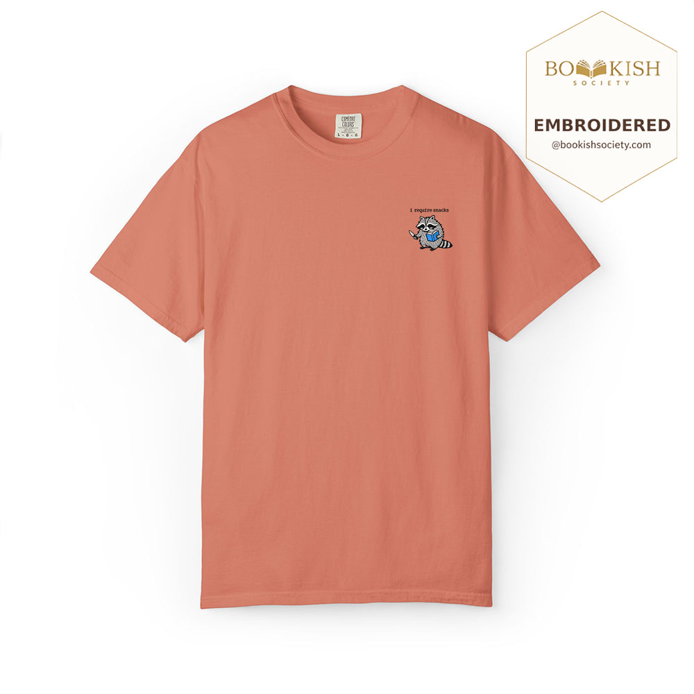 Embroidered I Require Snacks Comfort Color ® T-shirt Book Lover Gift Terracotta