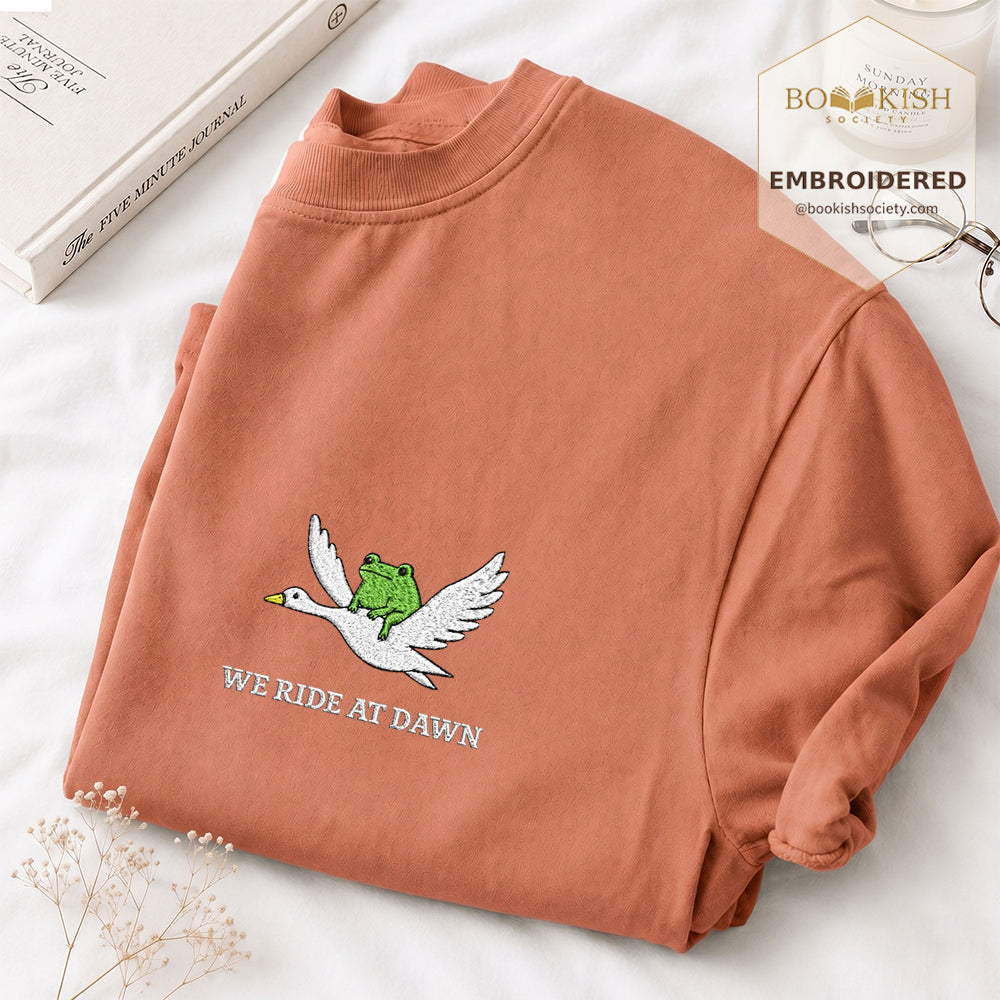 Embroidered We Ride at Dawn Comfort Color ® T-shirt Book Lover Gift Terracotta