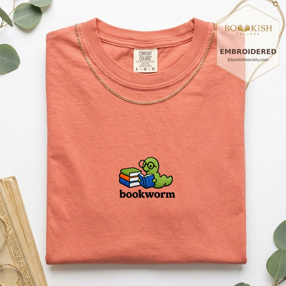 Embroidered Bookworm Comfort Color ® T-shirt Book Lover Gift Terracotta