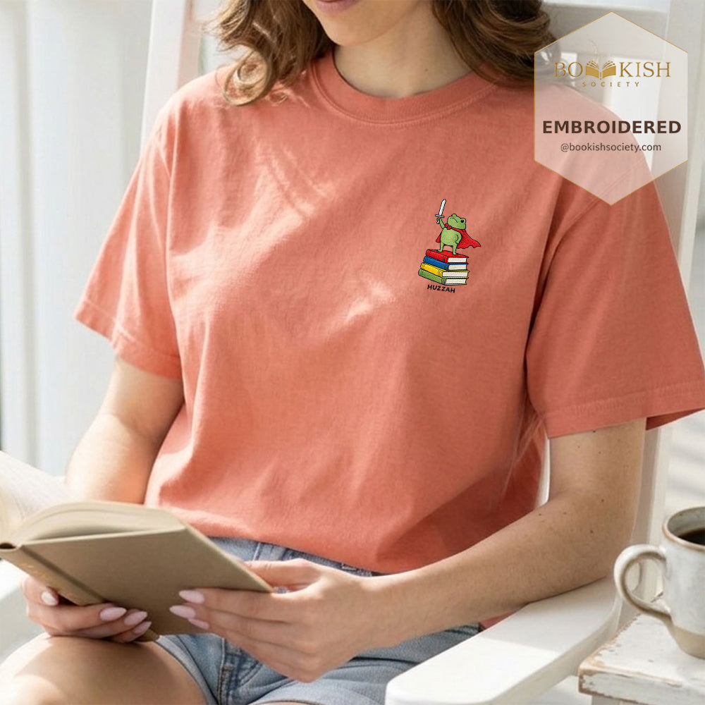 Embroidered Huzzah Cute Frog Comfort Color ® T-shirt Book Lover Gift Terracotta