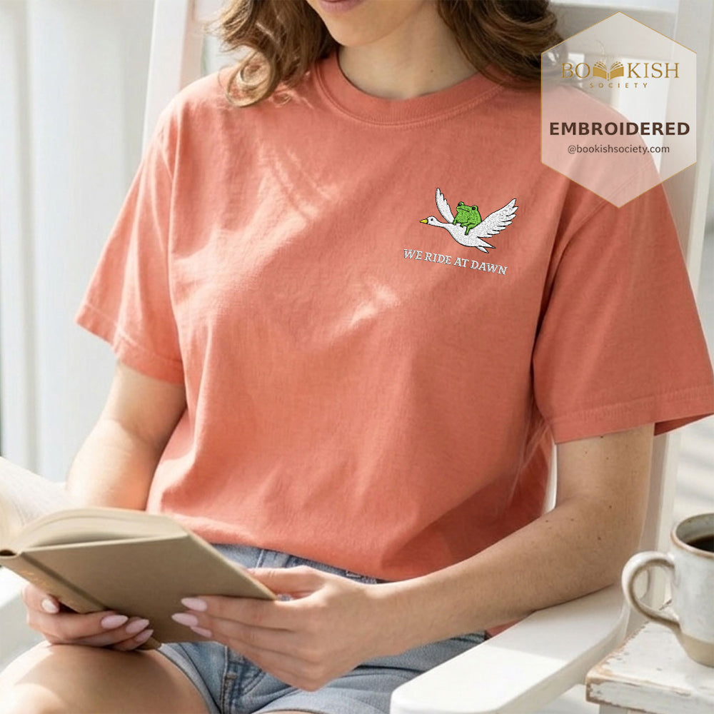 Embroidered We Ride at Dawn Comfort Color ® T-shirt Book Lover Gift Terracotta