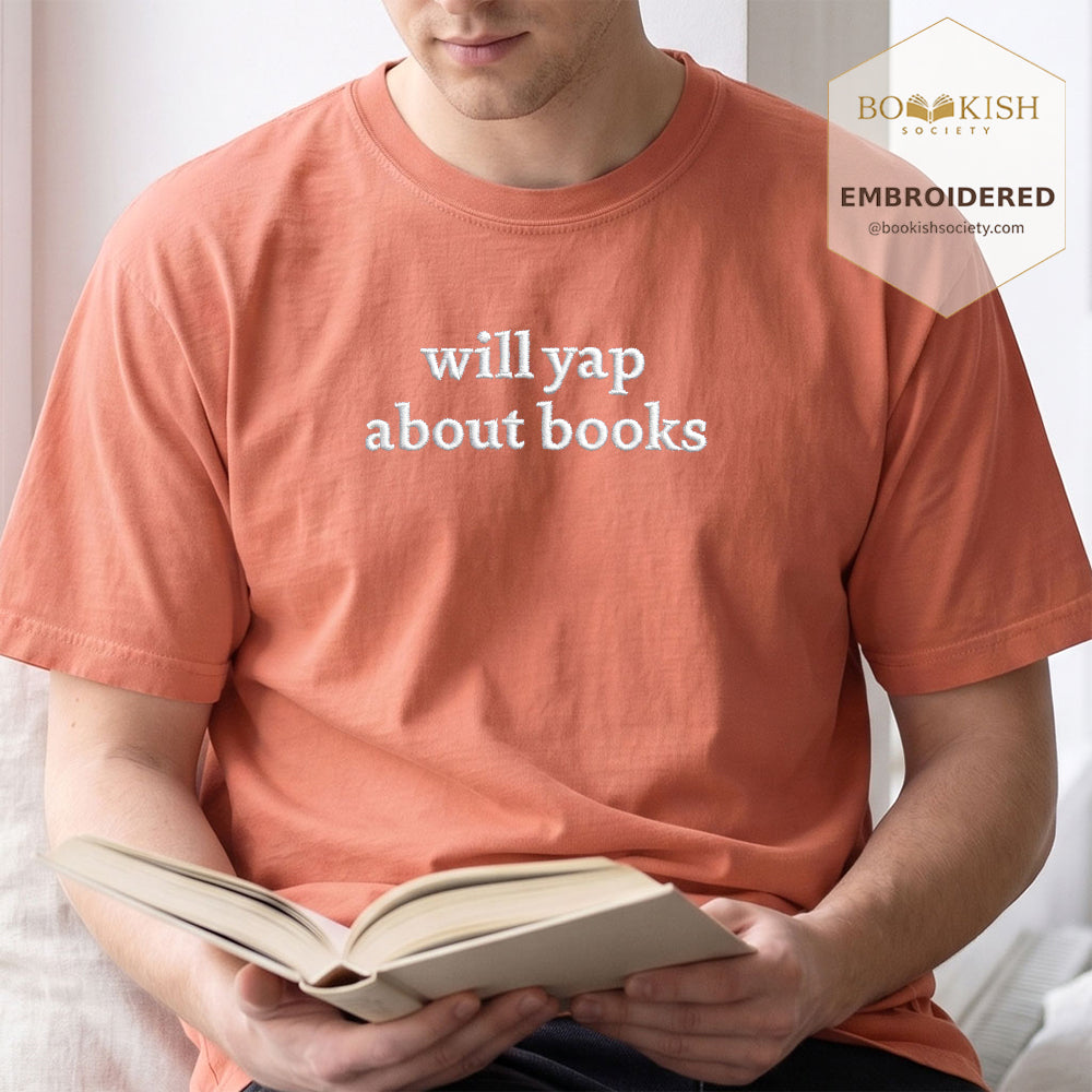 Embroidered Will Yap About Books Comfort Color ® T-shirt Book Lover Gift Terracotta