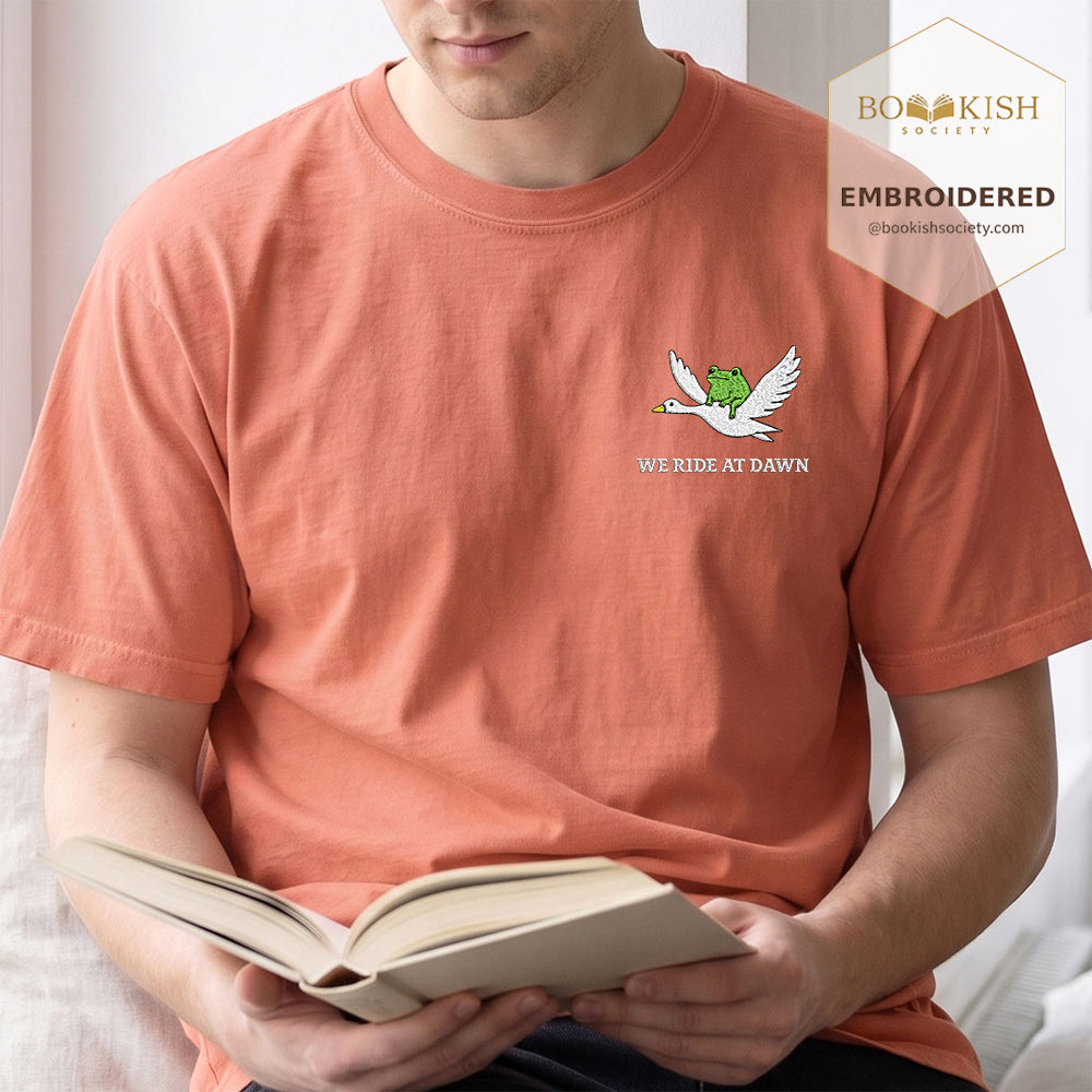 Embroidered We Ride at Dawn Comfort Color ® T-shirt Book Lover Gift Terracotta