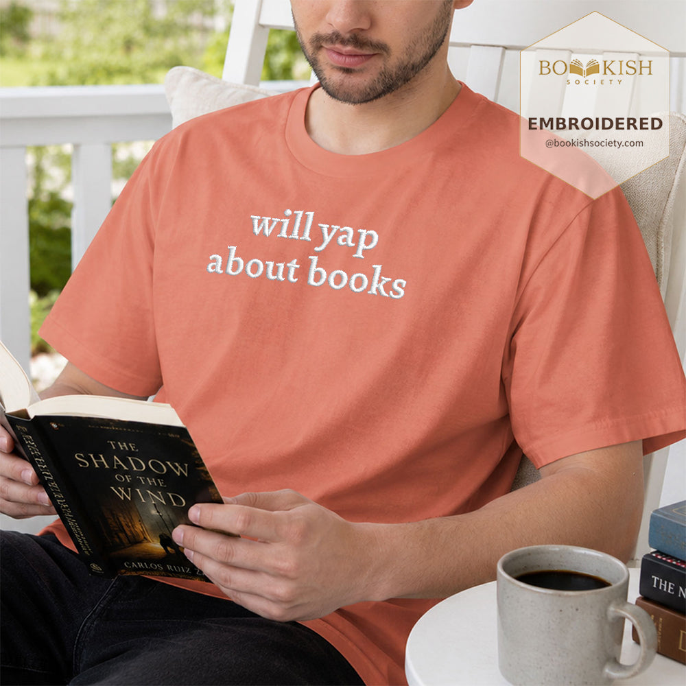 Embroidered Will Yap About Books Comfort Color ® T-shirt Book Lover Gift Terracotta