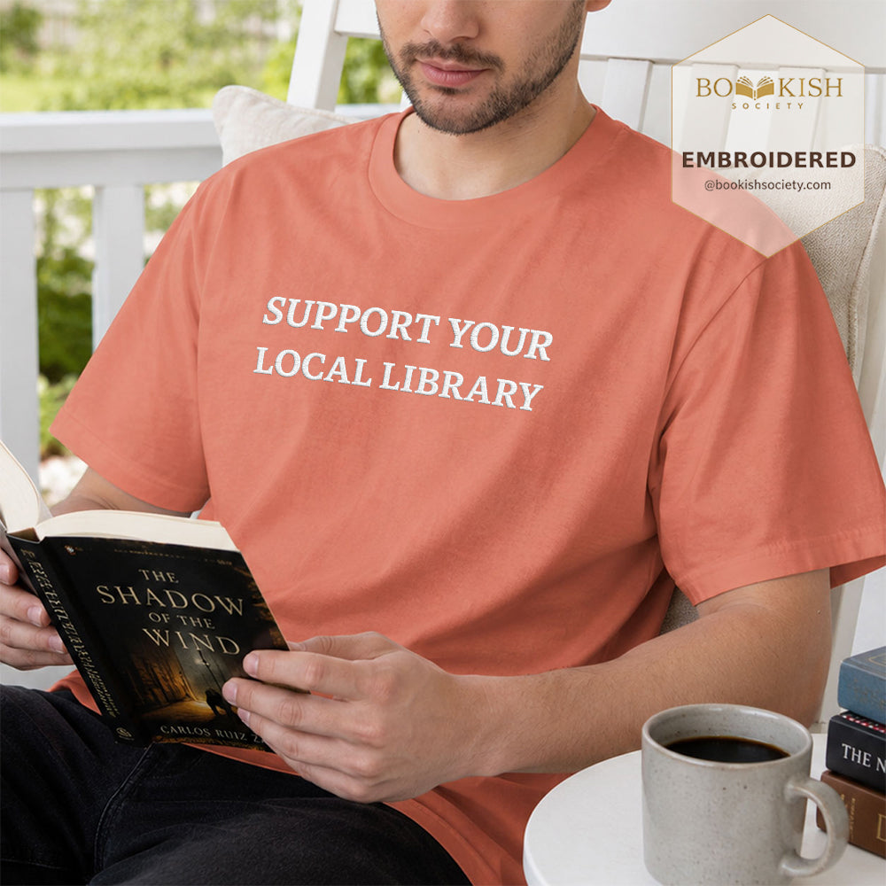 Embroidered Support Your Local Library Comfort Color ® T-shirt Book Lover Gift Terracotta